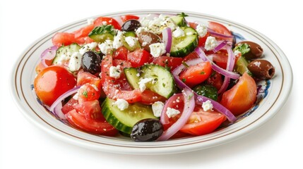 A colorful plate of Greek salad with tomatoes, cucumbers, red onions