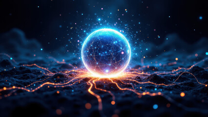 Obraz premium Futuristic AI technology abstract concept with glowing blue sphere on fiery red background.