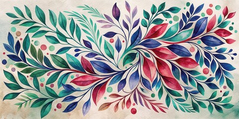 Fototapeta premium Whimsical Watercolor Botanical Illustration Featuring a Swirling Arrangement of Vivid Teal, Crimson, and Indigo Leaves and Branches