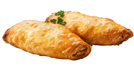two golden-brown pastries with a flaky crust. garnished with a small sprig of parsley they appear to be stuffed. likely with savory fillings. making them an appealing snack or appetizer option the cle