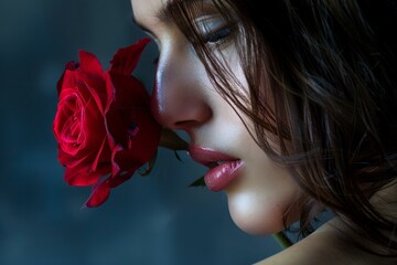Fototapeta premium Model smelling red rose in sensual beauty portrait, enjoying fragrance and floral scent