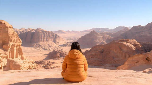 Frau steht vor ber&uuml;hmten Bauwerken in Petra, Jordanien.