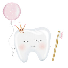 Tooth watercolor. Baby cute cartoon molar with crown, with a toothbrush and a balloon on isolated white background. Dental clip art. Ideal for cards and invitations to the party baby's first tooth
