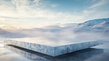 Frozen ice block on snowy mountain landscape under clear sky