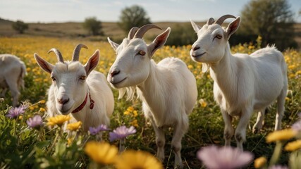 Obraz premium Three goats standing in a vibrant flower field under a sunny sky.