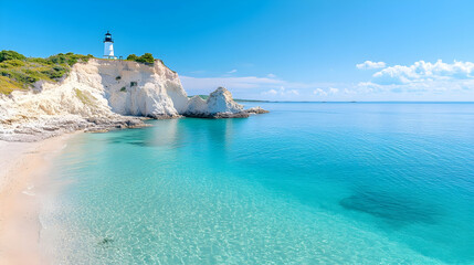 Fototapeta premium Gay Head Lighthouse and the Aquinnah Cliffs seen from the Aquinnah Cliffs overlook on Martha's Vineyard island