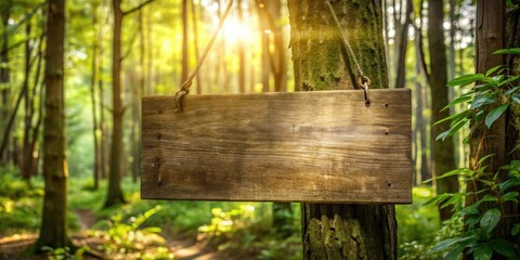 Rustic Wooden Sign Hanging on Tree in Sunlit Forest