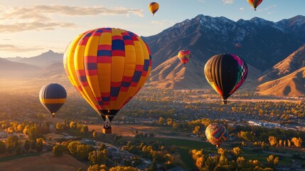 Naklejka premium Colorful Hot Air Balloons Soaring Over Scenic Mountain Landscape at Sunset