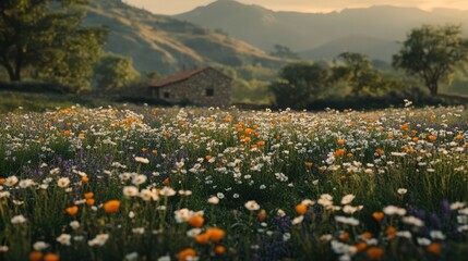 Fototapeta premium Rustic stone house in meadow with blooming wildflowers and mountain view