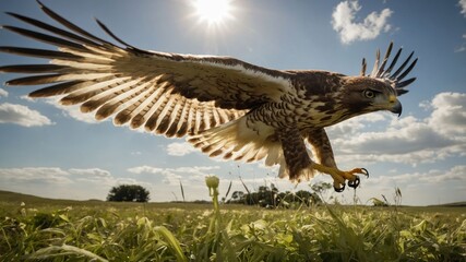 Fototapeta premium A hawk in mid-flight against a sunny sky, showcasing its wings and sharp features.