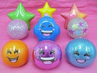 Obraz premium Colorful plasticine balls with smiling faces and stars on pink background
