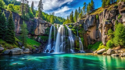 A majestic waterfall cascading down a rocky cliffside into a crystal-clear lake, landscape, scenery, wilderness, nature