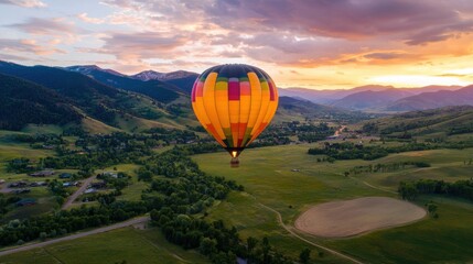 Obraz premium Vibrant Hot Air Balloon Floating Over Picturesque Mountainous Countryside at Sunset