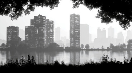 Naklejka premium Monochromatic Cityscape Reflected in Calm Water, Seen Through Tree Branches