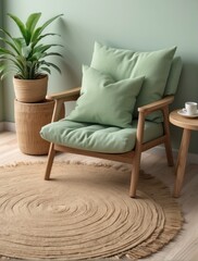 Interior design of cozy empty room, Light Green bedding, plants, armchair, straw carpet