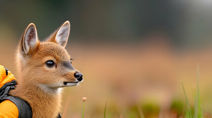 Fototapeta premium Glückliches, junges, müdes Rentier auf einer großen Weide in Norwegen, Skandinavien. Gute und ökologische Tierhaltung in der Landwirtschaft.