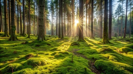 Fototapeta premium A lush carpet of moss covering the ground in a serene forest clearing with sunlight filtering through the trees, moss, forest, plant growth, woodland