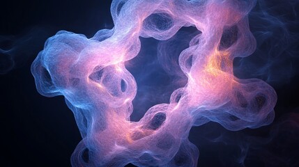 Abstract colorful shapes with glowing edges on a dark background.