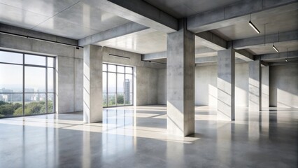Naklejka premium Sunlit Modern Industrial Loft Space with High Ceilings and Large Windows