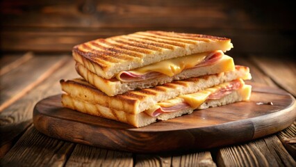 A delicious grilled ham and cheese sandwich on a rustic wooden board