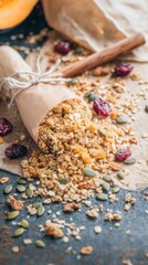 Close-up display of bulgur bars with cranberries and pumpkin seeds
