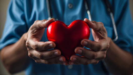 Medical professional cupping a glossy red heart, symbolizing compassion, care, and dedication in healthcare settings