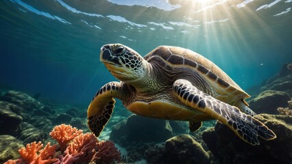 Obraz premium A graceful sea turtle swimming through vibrant coral reefs in clear ocean waters.
