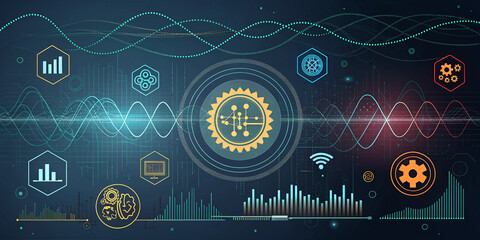 Tech Background Featuring AI, Data, and Audio Graphics