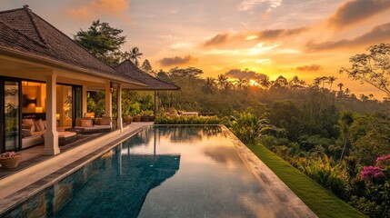 Obraz premium Stunning villa with a captivating pool and elegant outdoor lounge, bathed in the warm, tranquil light of the setting sun