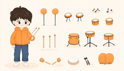 Young child in an orange hoodie holding drumsticks surrounded by various musical instruments