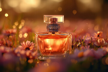 Elegant perfume bottle amidst vibrant pink flowers in sunlit field