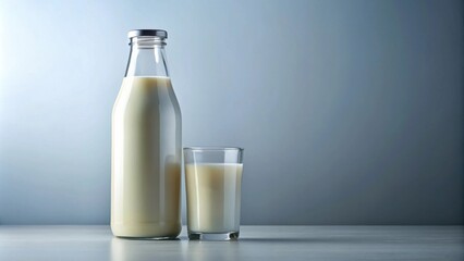 A full bottle and a glass of creamy milk on a table