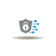 Vector illustration of shield with lock and circuit pattern. Icon of ISO 27001 standard security quality control. Symbol of cyber security.