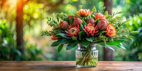 A cluster of dragon flowers in a vase filled with fresh greenery and foliage, creating a stunning centerpiece for any room., home decor, bouquet, living arrangements