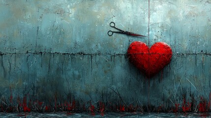 heart hangs fragile threads torn and vulnerable while sharp scissors loom above ready sever its ties. muted gray fog envelops backdrop enhancing surreal atmosphere.