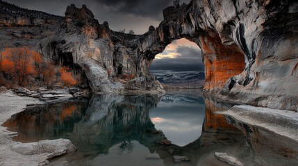 Mountain lake reflects dramatic rock arch at dawn; travel photography