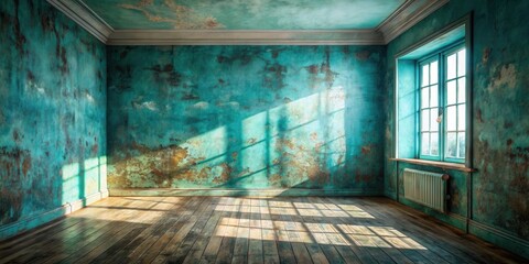 Sunlit Room with Aged Teal Walls and Wooden Floor