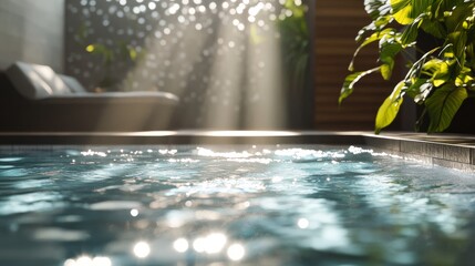 Sunlight filters through, casting intricate patterns on the water in a stylish outdoor pool, framed by modern decor