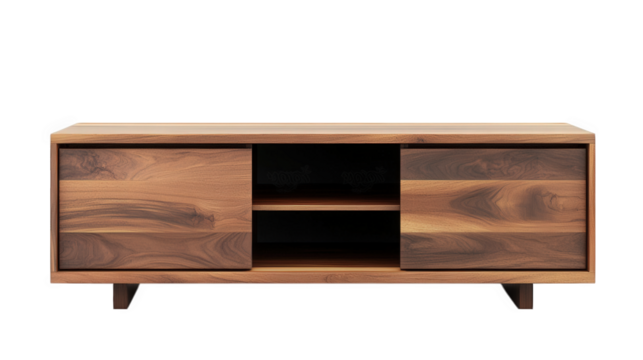modern wooden tv stand with a sleek design. showcasing a rich walnut finish it includes two cabinet doors and an open shelf in the center. ideal for storing electronic devices. media. or decorative it