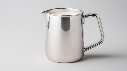 Stainless steel milk jug on a white isolated background.