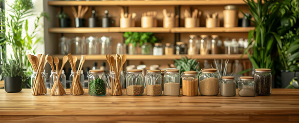 Organized kitchen shelves with jars and wooden utensils on counter