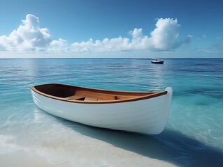 Naklejka premium White rowboat on tranquil ocean beach.