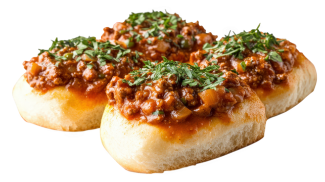 three soft bread rolls topped with a savory meat mixture. garnished with finely chopped herbs this dish is likely a popular snack or street food. enjoyed for its rich flavors and comforting texture