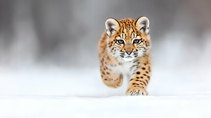 Junger europäischer Luchs streift durch sein Gebiet in Norwegen. Großkatzen in freier Wildbahn im Winter. 