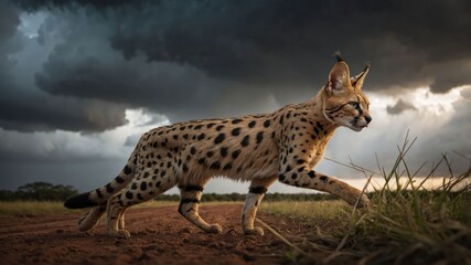 A serval cat walking on a dirt path under a dramatic sky.