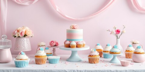 A pink and blue themed dessert table with cupcakes and cake, pastel colors, cake stand