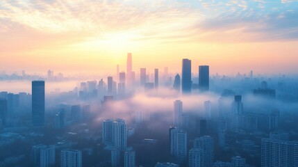 Fototapeta premium Misty sunrise cityscape, aerial view, fog, urban