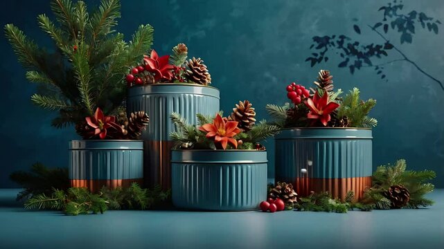 Some food places are decorated with pine leaves and cones. Seamless 4K looping timelapse video animation background