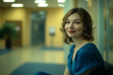 Obraz premium Woman smiling in an office, looking at the interviewer.