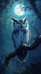 Majestic owl perched on branch under full moon.